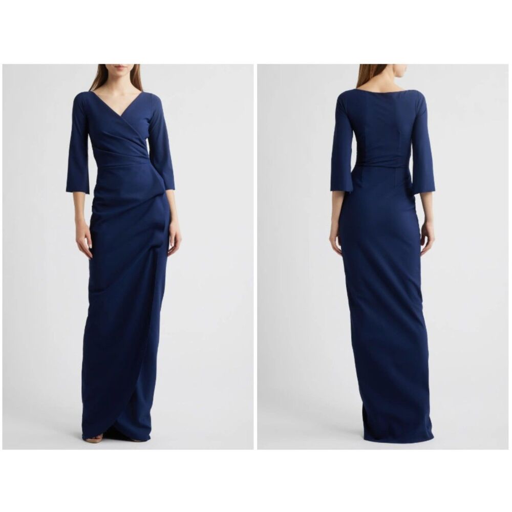 Chiara Boni La Petite Robe Blue Notte Zalfa Ruche Faux Wrap Dress Size 48 EU/ 12